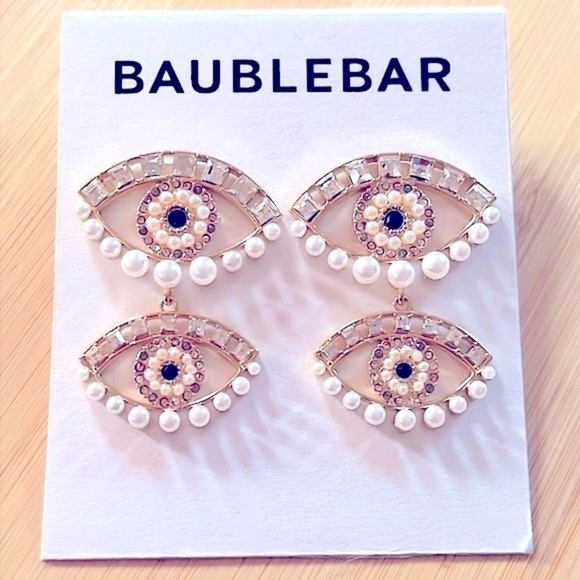 Brand New BaubleBar Evil Eye Beaded Pearl Rhinestone Gold Tone Drop Earrings - Picture 1 of 12